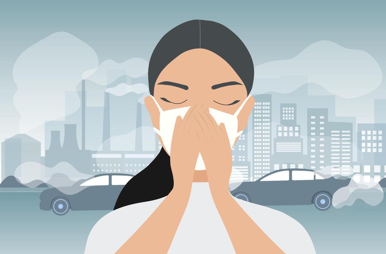 Air pollution, pm 2.5, industry pollution, toxic road smoke clouds and environment pollution, and vehicle carbon dioxide, woman wear face mask vector