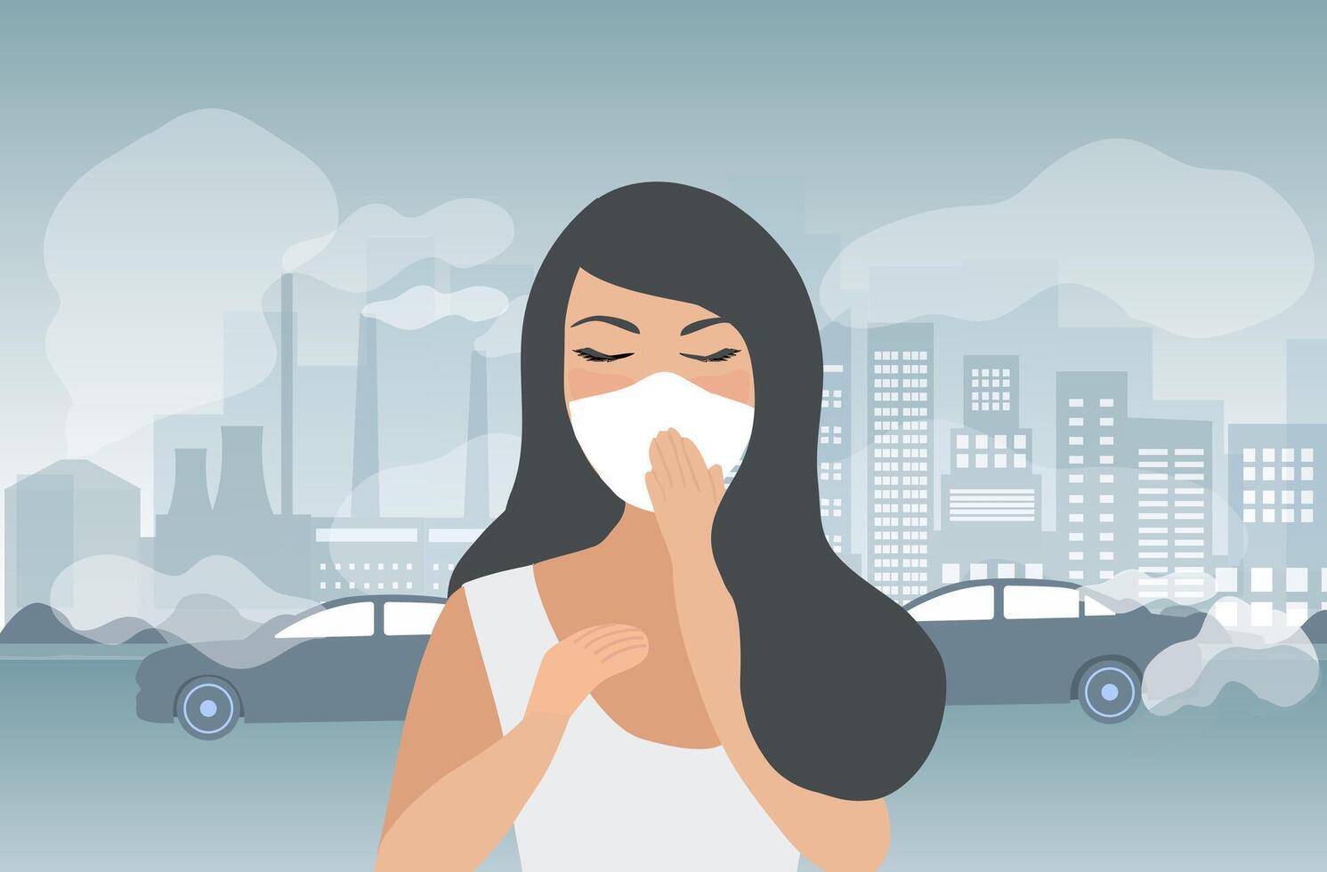 Air pollution, pm 2.5, industry pollution, toxic road smoke clouds and environment pollution, and vehicle carbon dioxide, woman wear face mask vector