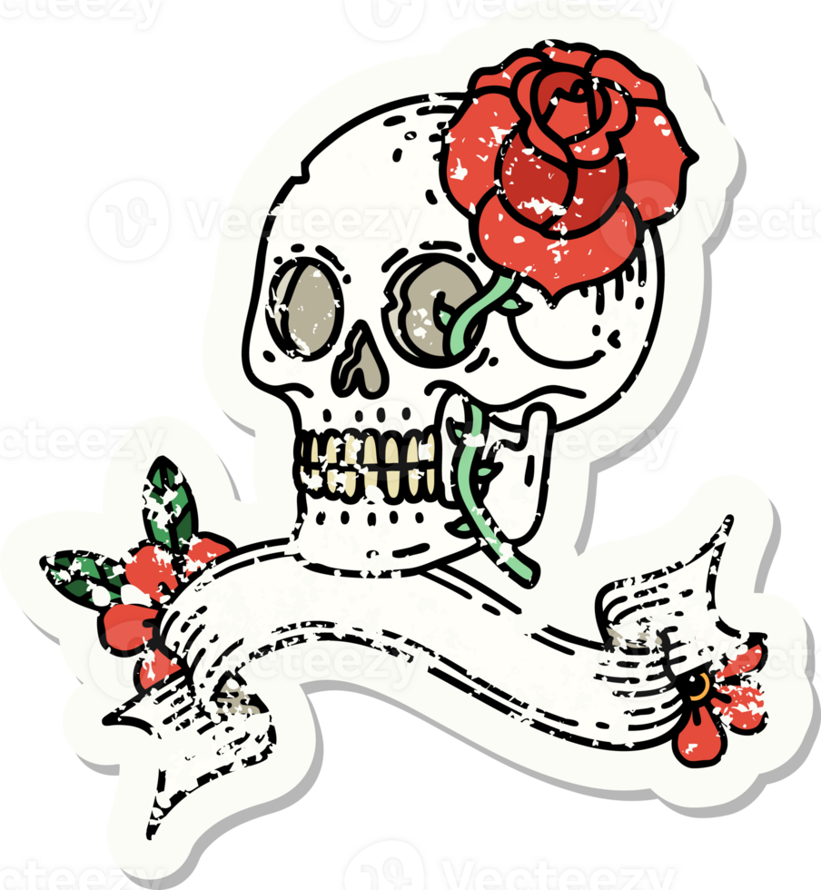 worn old sticker with banner of a skull and rose png