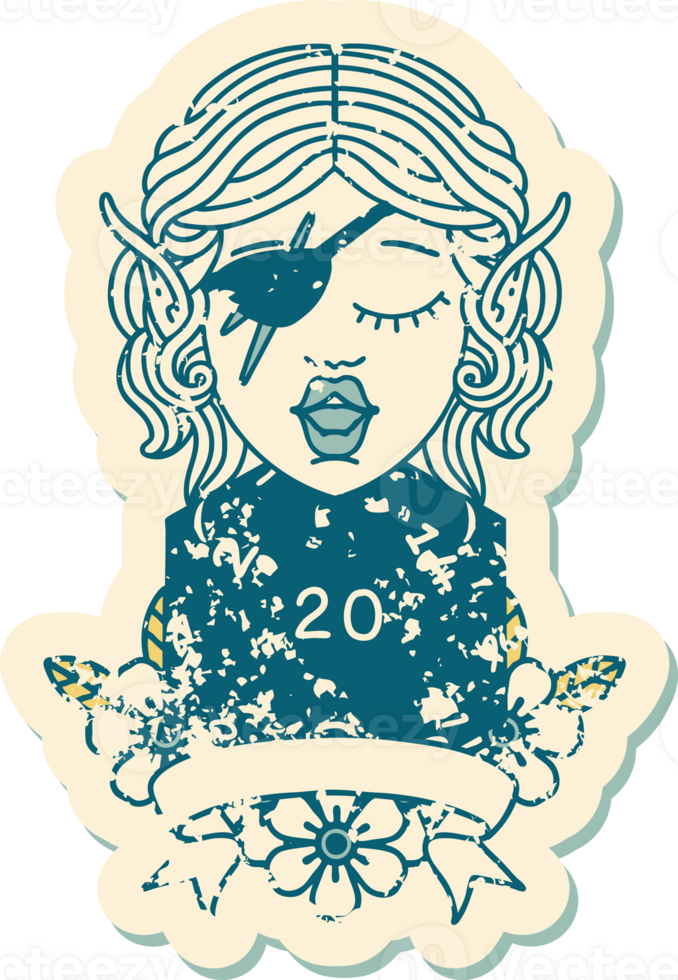 Retro Tattoo Style elf rogue character with natural twenty dice roll png