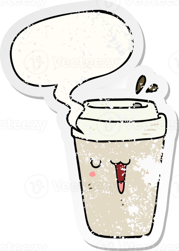 cartoon coffee cup with speech bubble distressed distressed old sticker png