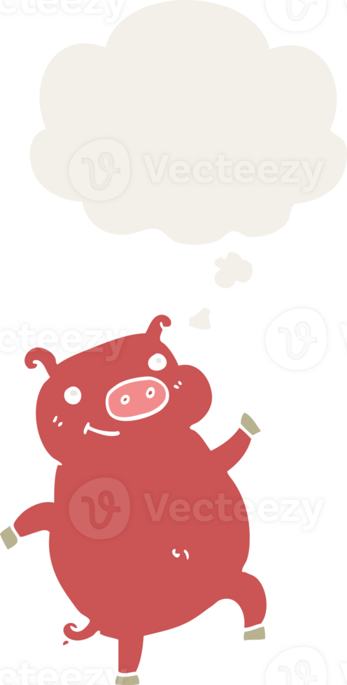 cartoon dancing pig with thought bubble in retro style png