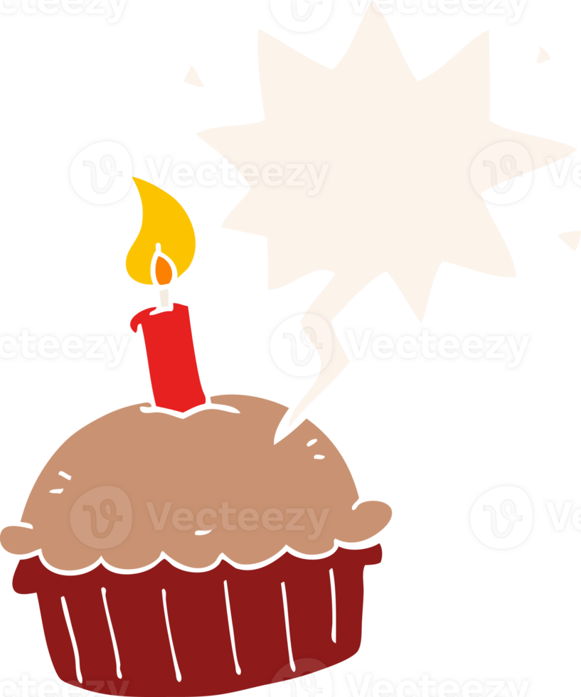 cartoon birthday cupcake with speech bubble in retro style png