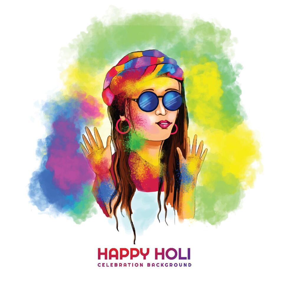 Hand draw fun women character celebrate colorful holi card background vector