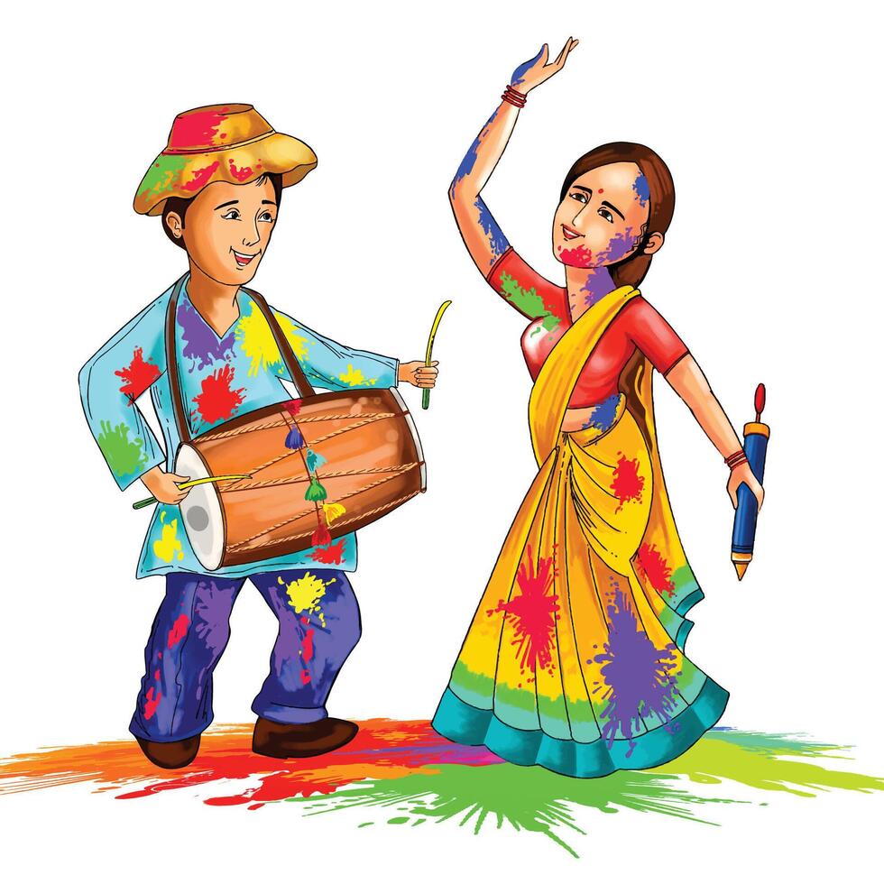 Hand draw fun couple dance celebrate colorful holi card background vector