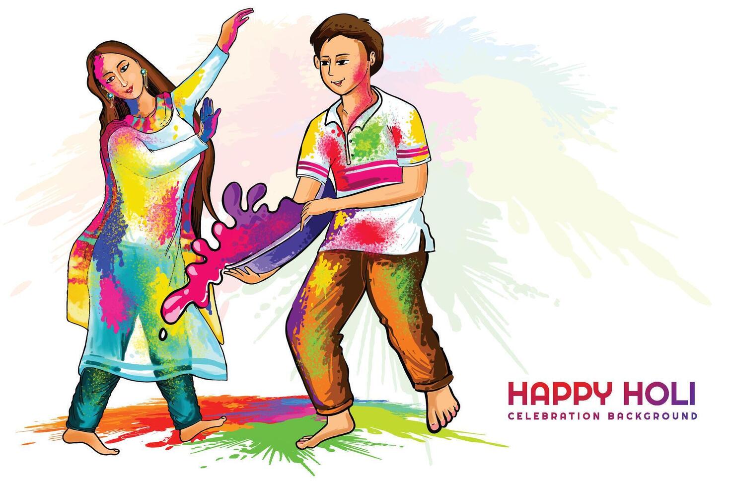 Hand draw fun couple dance celebrate colorful holi card background vector