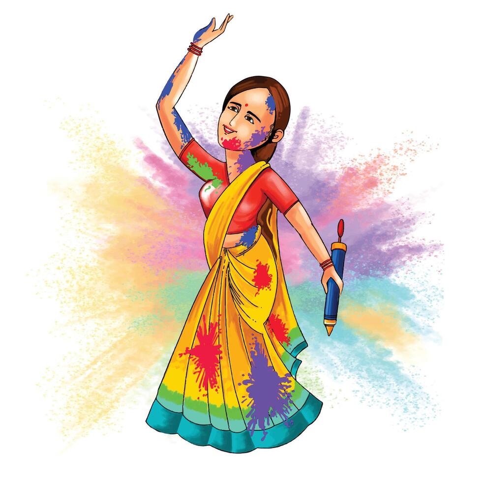 Hand draw fun women character celebrate colorful holi card background vector