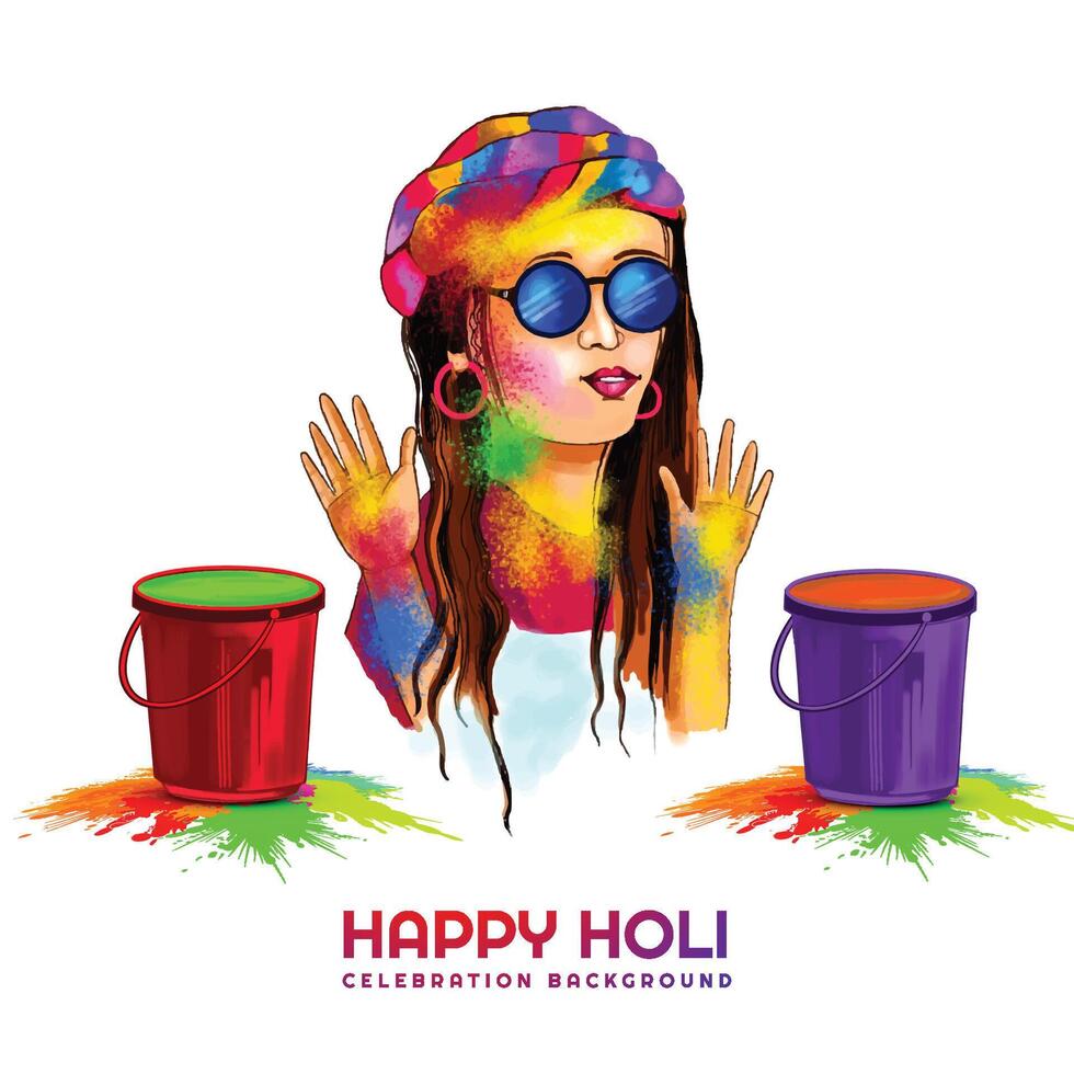 Hand draw fun women character celebrate colorful holi card background vector