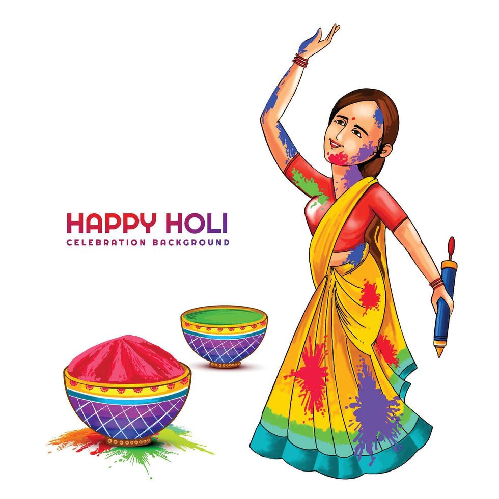 Hand draw fun women character celebrate colorful holi card background vector