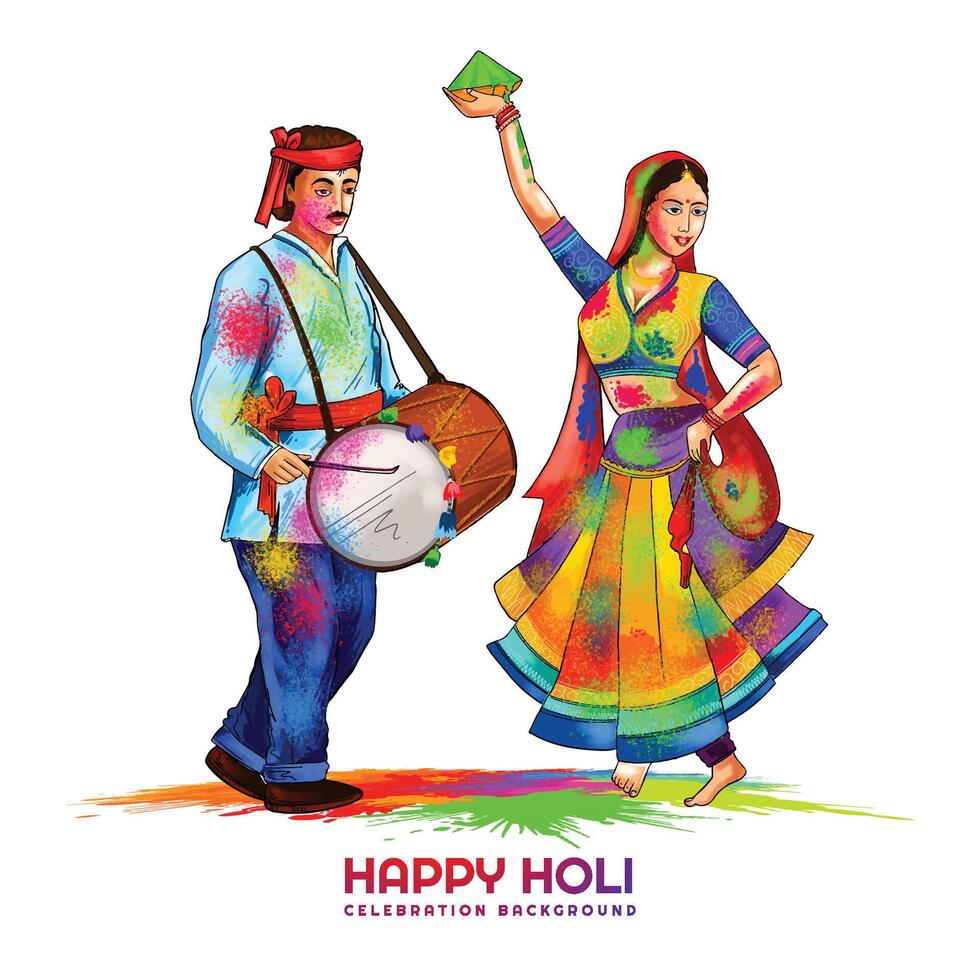Hand draw fun couple dance celebrate colorful holi card background vector