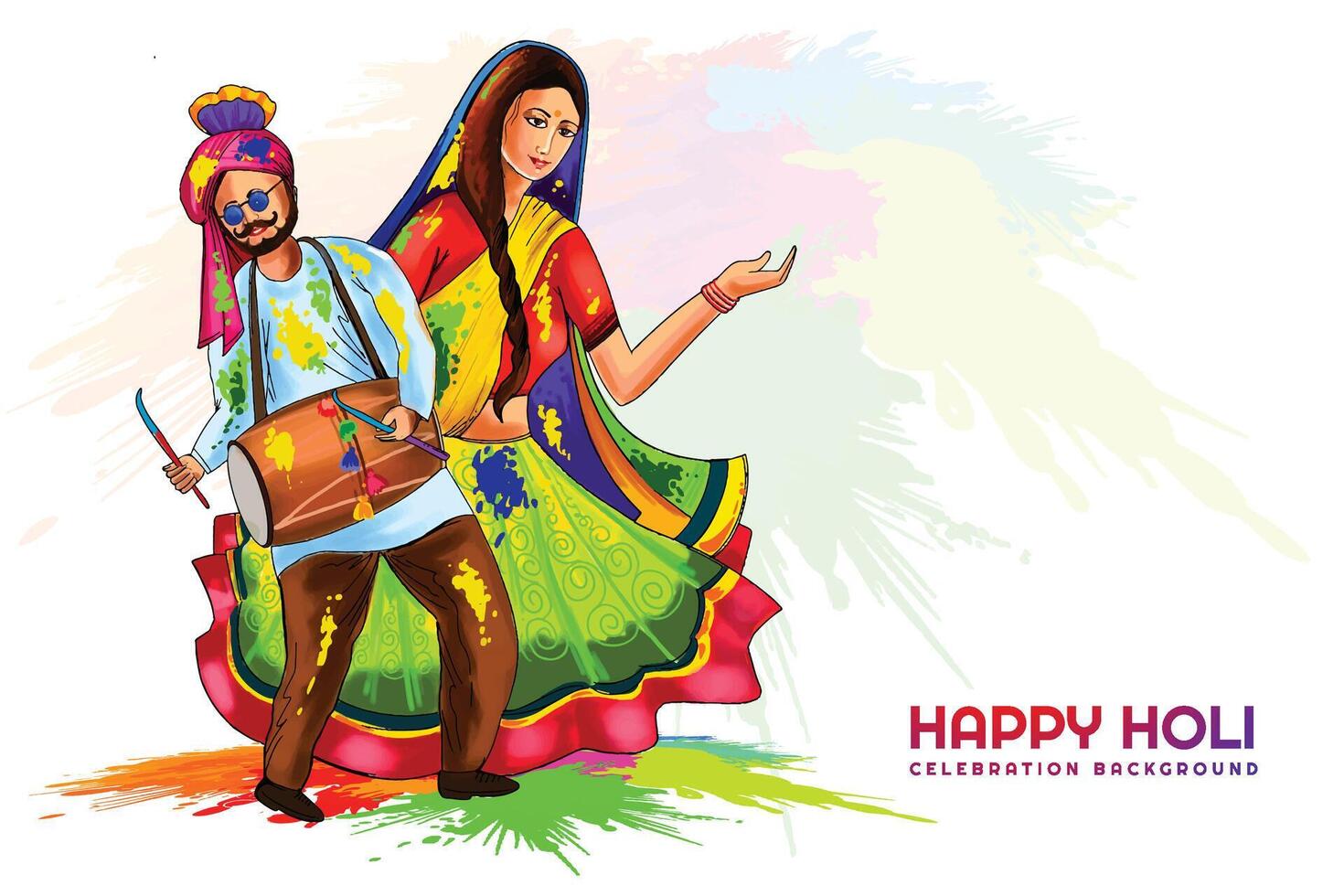 Hand draw fun couple dance celebration festival colorful holi card background vector