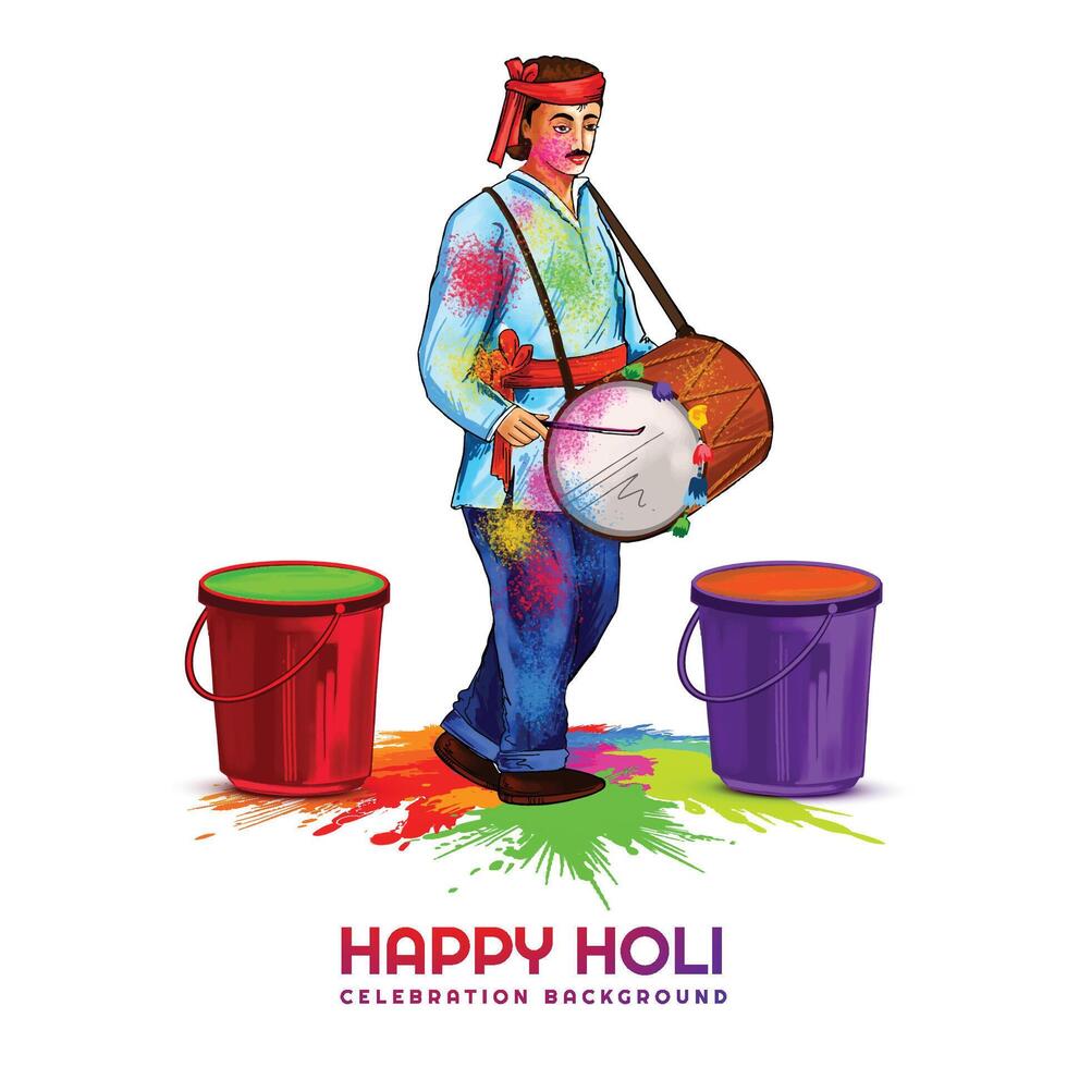 Hand draw fun man character celebrate colorful holi card background vector