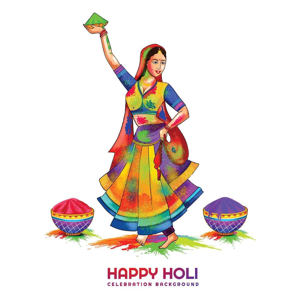 Hand draw fun women character celebrate colorful holi card background vector