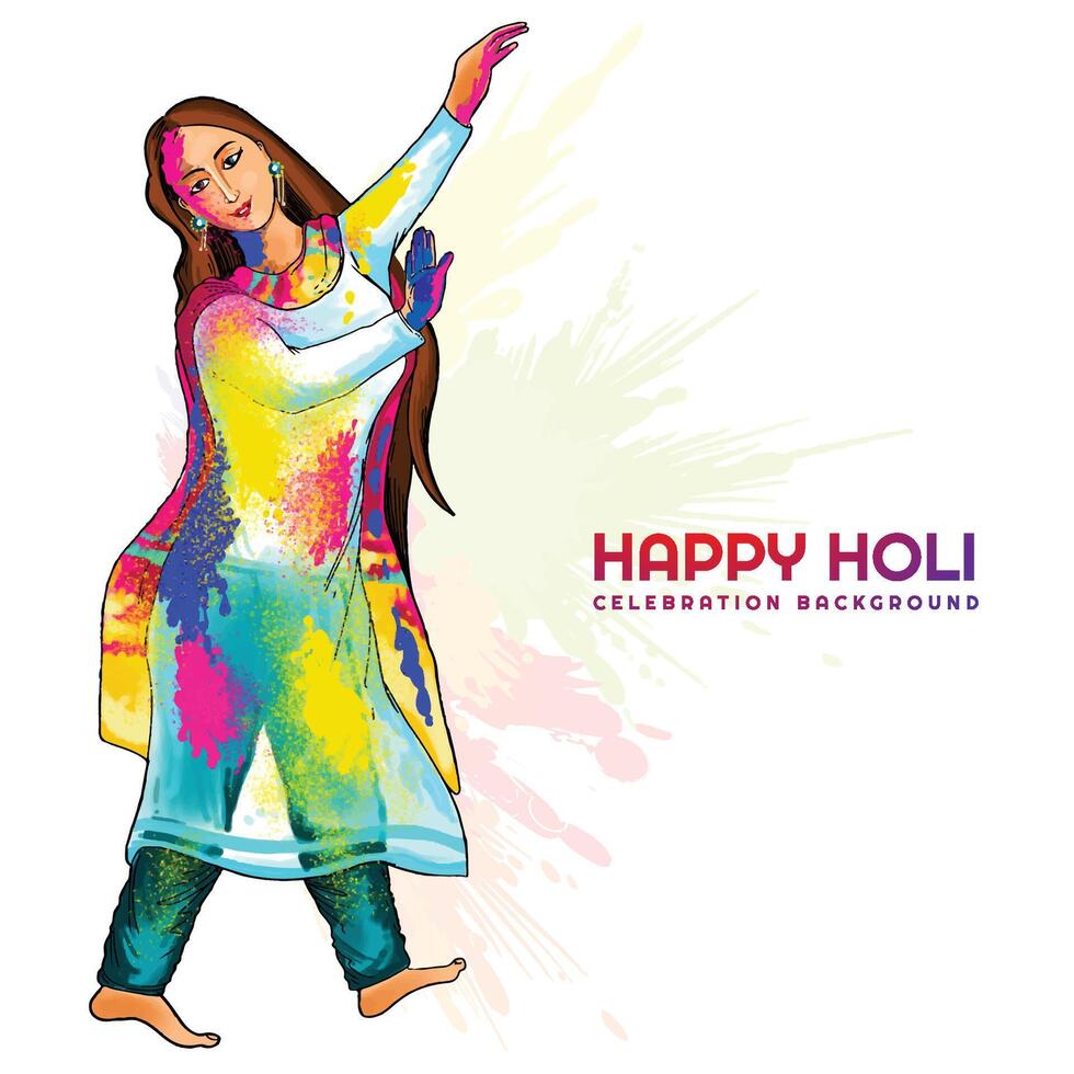Hand draw fun women character celebrate colorful holi card background vector