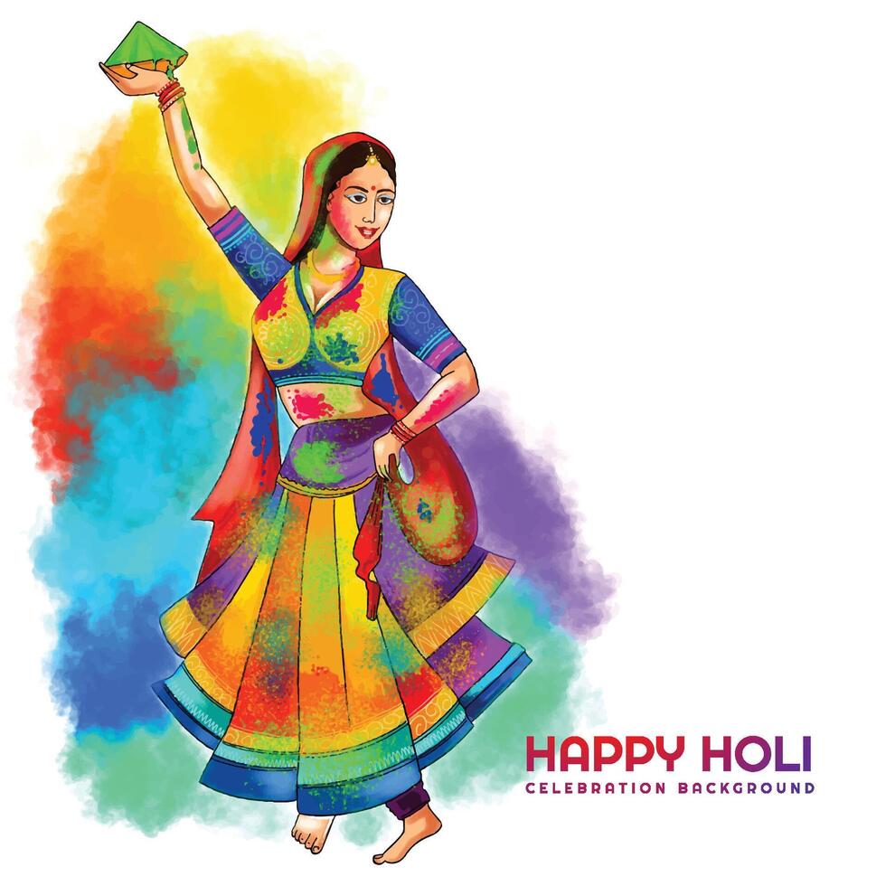 dibujar a mano el personaje de las mujeres divertidas celebrar el fondo colorido de la tarjeta holi vector