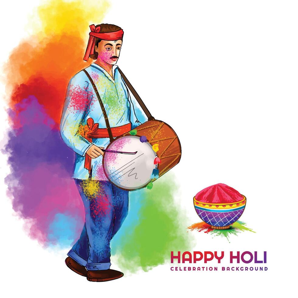 Hand draw fun man character celebrate colorful holi card background vector