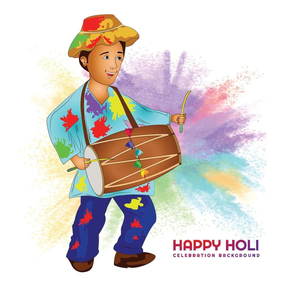Hand draw fun man character celebrate colorful holi card background vector