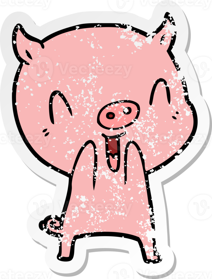 distressed sticker of a happy cartoon pig png