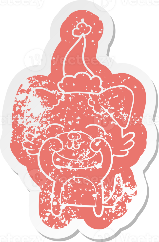 quirky cartoon distressed sticker of a dog wearing santa hat png