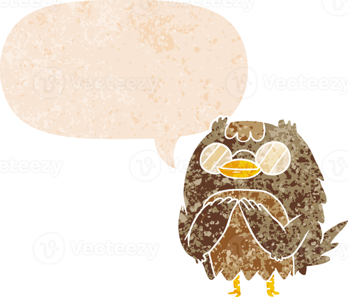 cartoon wise old owl with speech bubble in grunge distressed retro textured style png