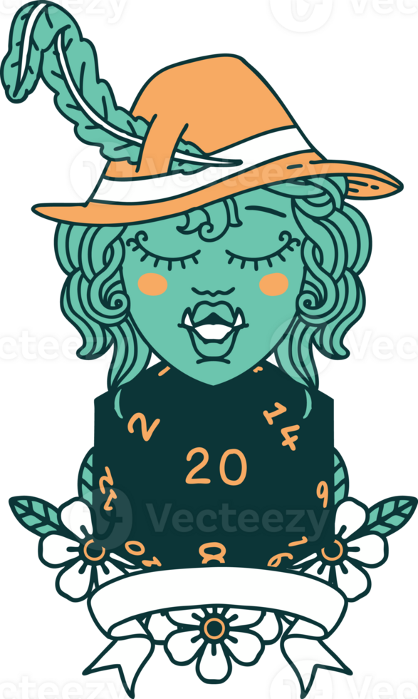 Retro Tattoo Style half orc bard with natural 20 dice roll png