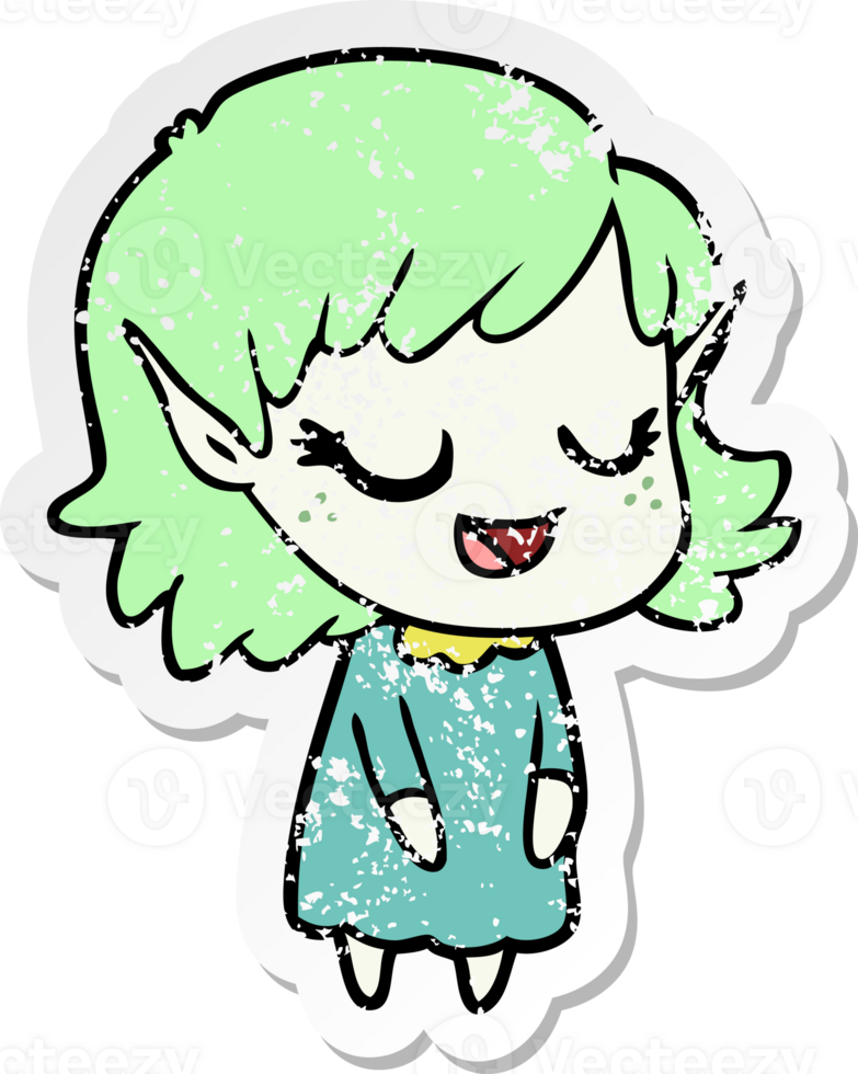 distressed sticker of a happy cartoon elf girl png