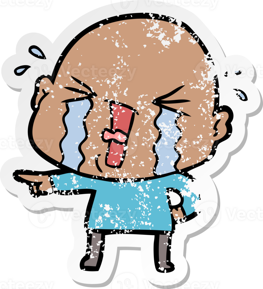 distressed sticker of a cartoon crying bald man png
