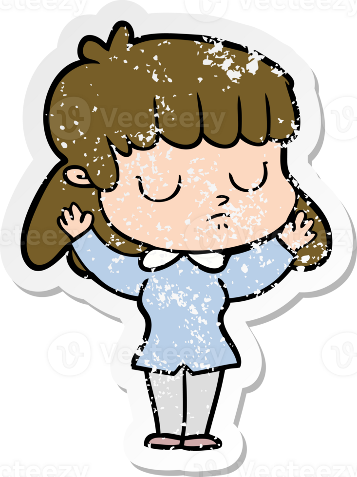 distressed sticker of a cartoon indifferent woman png