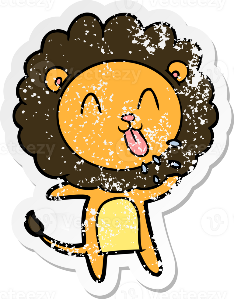 distressed sticker of a happy cartoon lion png