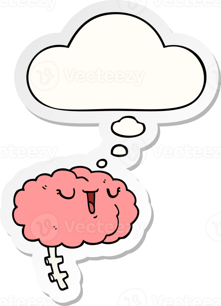 happy cartoon brain with thought bubble as a printed sticker png