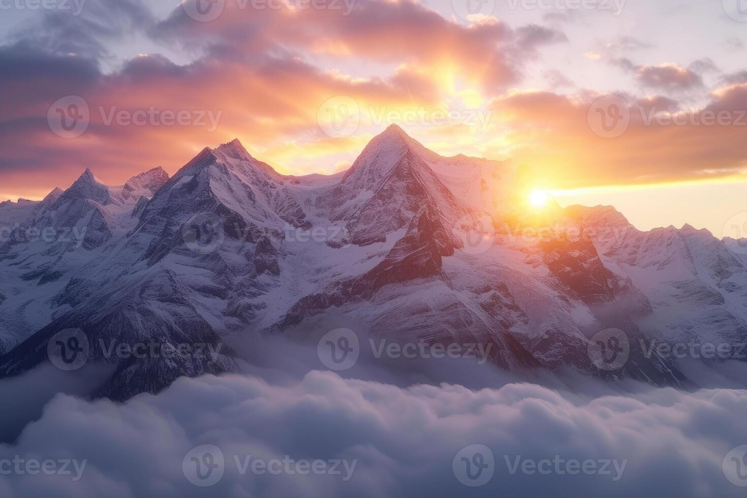 AI generated Ethereal Peaks Sunrise Unfolds in the Mountain Mist. generative ai photo