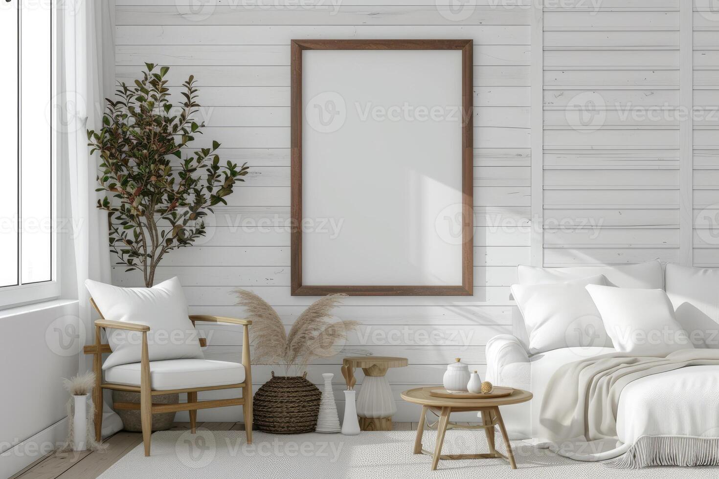 ai generado minimalista casa de Campo vivo habitación con blanco marco Bosquejo en blanco de madera pared pintar foto