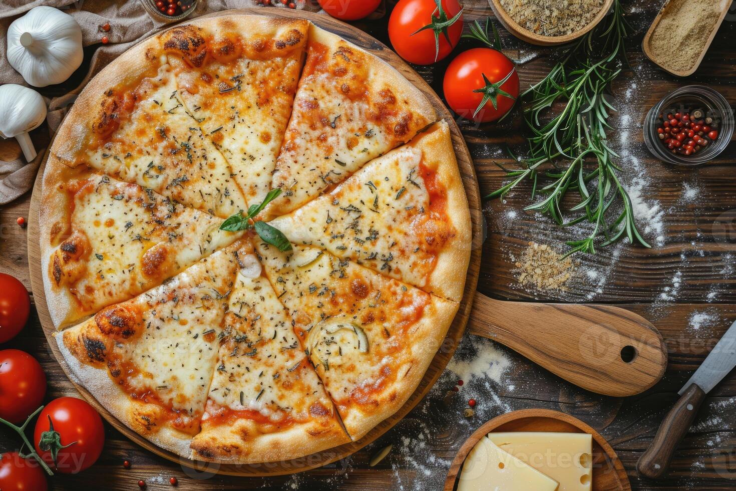AI generated Cheese, Spices Served on Rustic Wooden Table - Flat Lay Style. Italian Pizza Margheritafood. generative ai photo