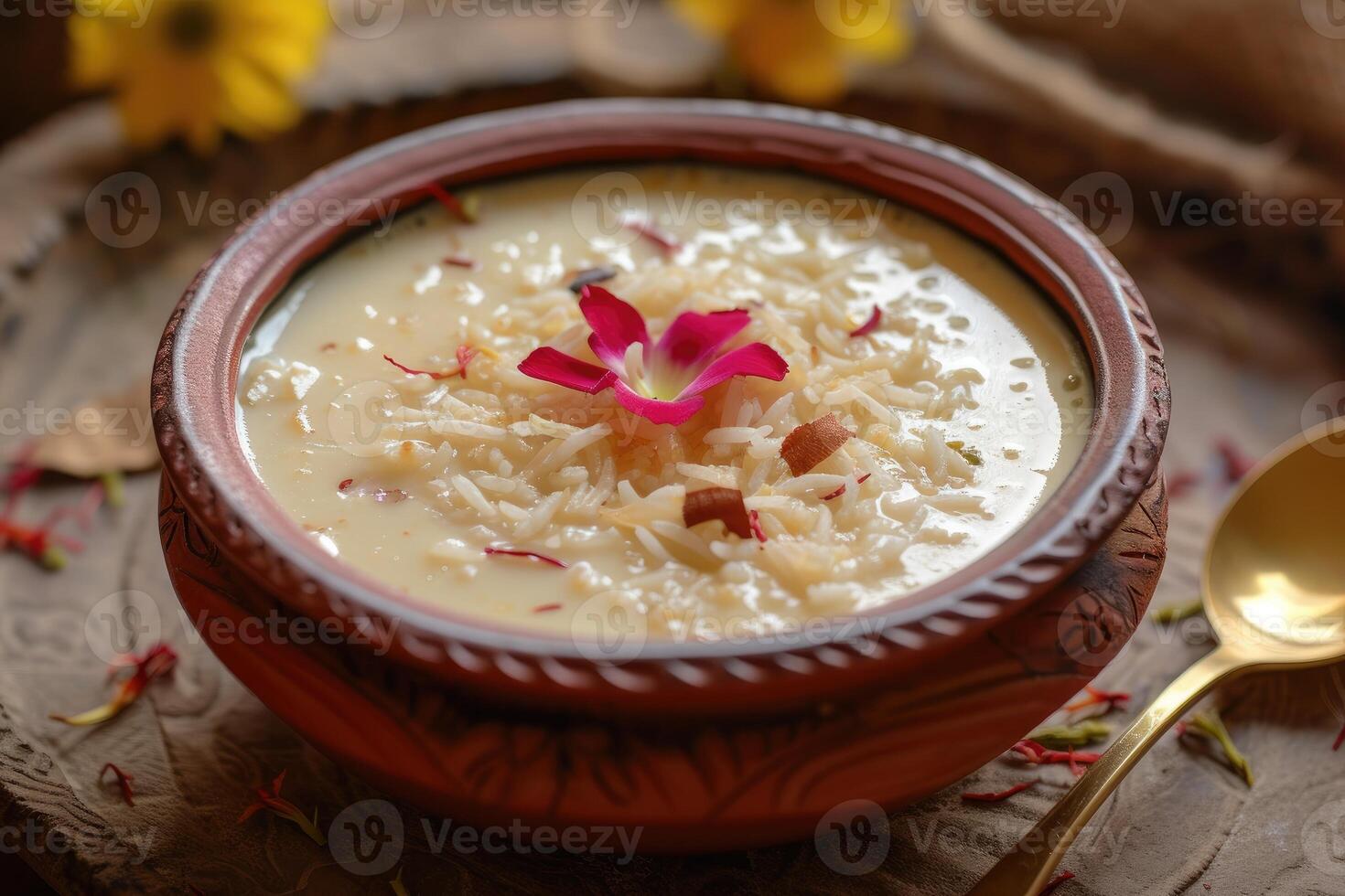 AI generated Kheer,payasam, A creamy and sweet rice pudding Indian dish, made by boiling milk, sugar or jaggery, and rice. generative ai photo