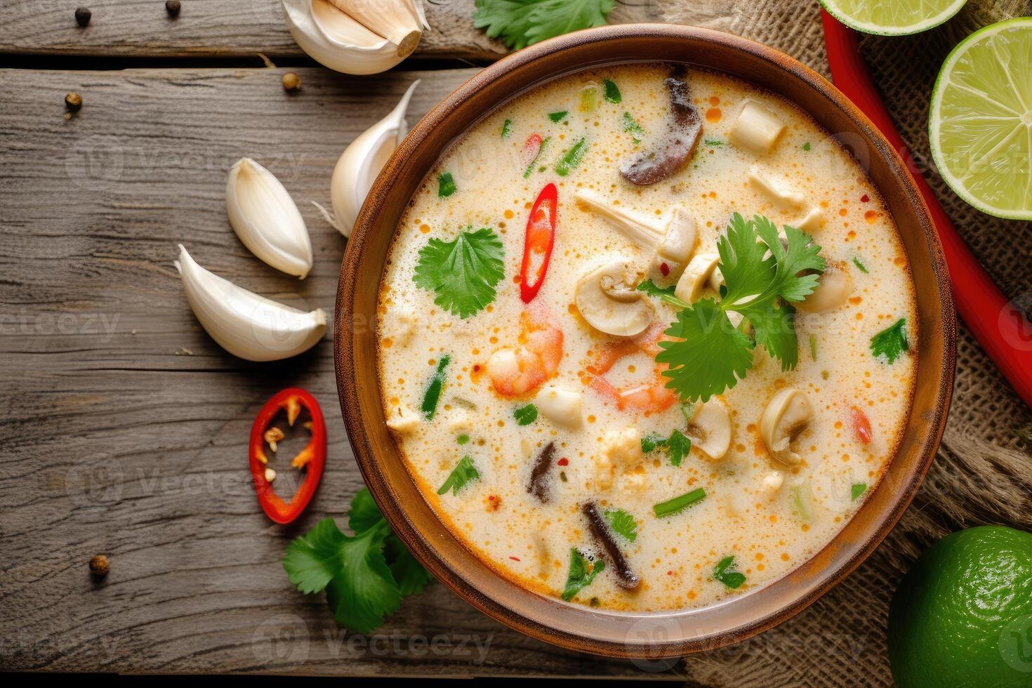 AI generated Soothing Thai Soup, Tom Kha Gai. generative ai photo