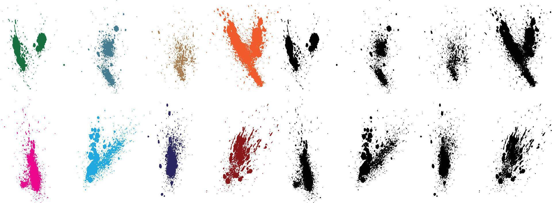 Bundle of hand-drawn splatter wheat, orange, red, black, green, purple color blood grunge brush stroke background vector
