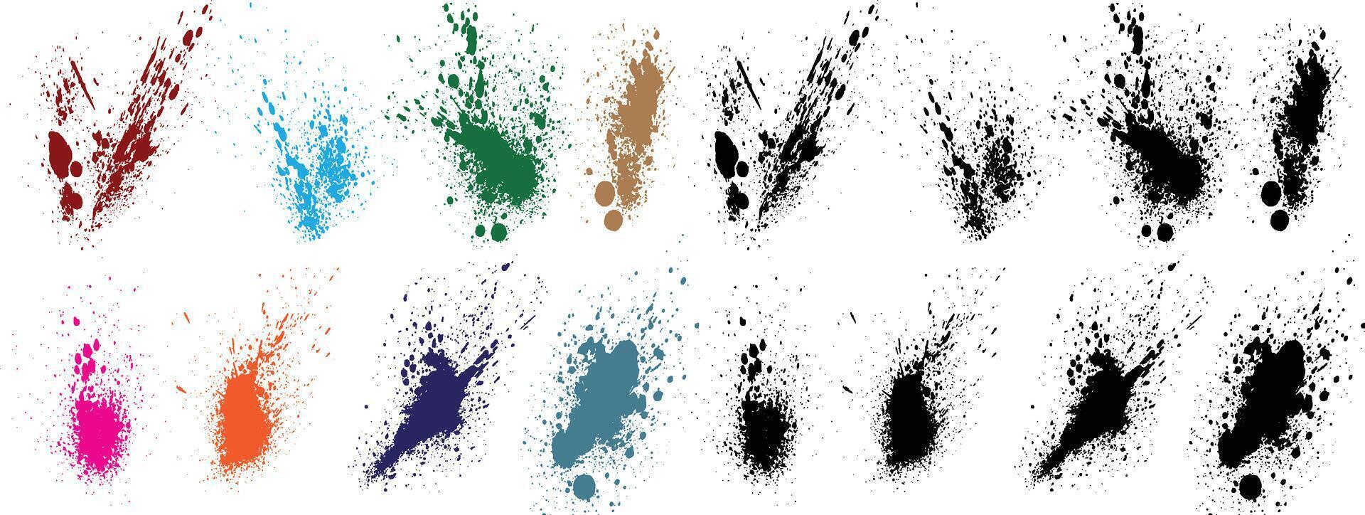 Vector ink splatter wheat, orange, red, black, green, purple color blood brush stroke grunge background