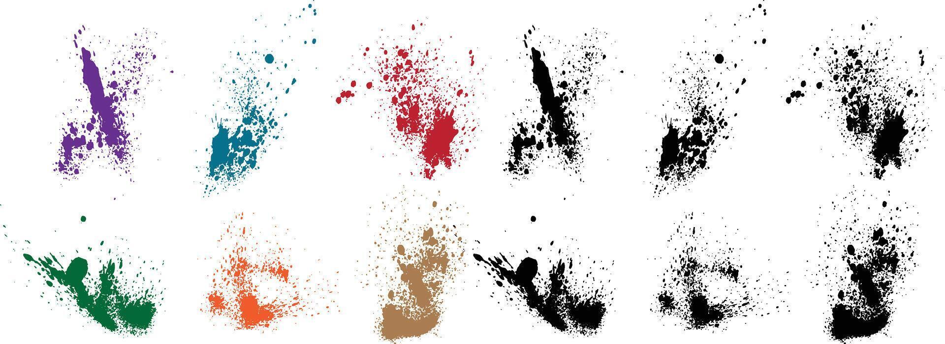 Set of vector purple, wheat, black, red, green, orange color blood paint splatter stain hand-drawn brush stroke