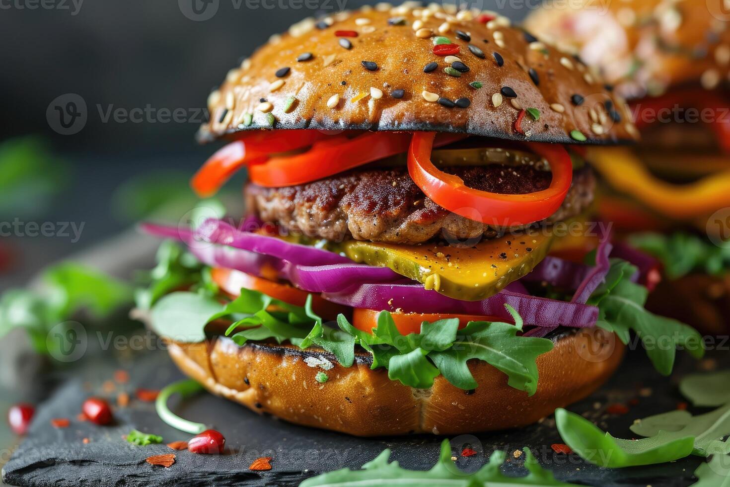 AI generated Avocado Sandwich with Vegan Burger, Roast Yellow Pepper and Pickled Red Cabbage. Selective Focus. generative ai photo
