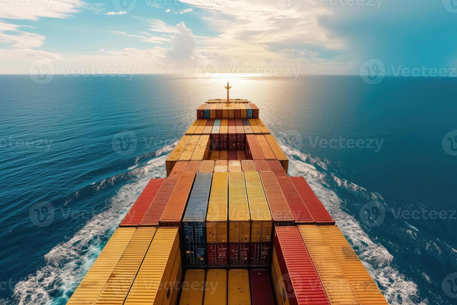 AI generated A loaded container cargo ship is seen ahead above the ocean. generative ai photo