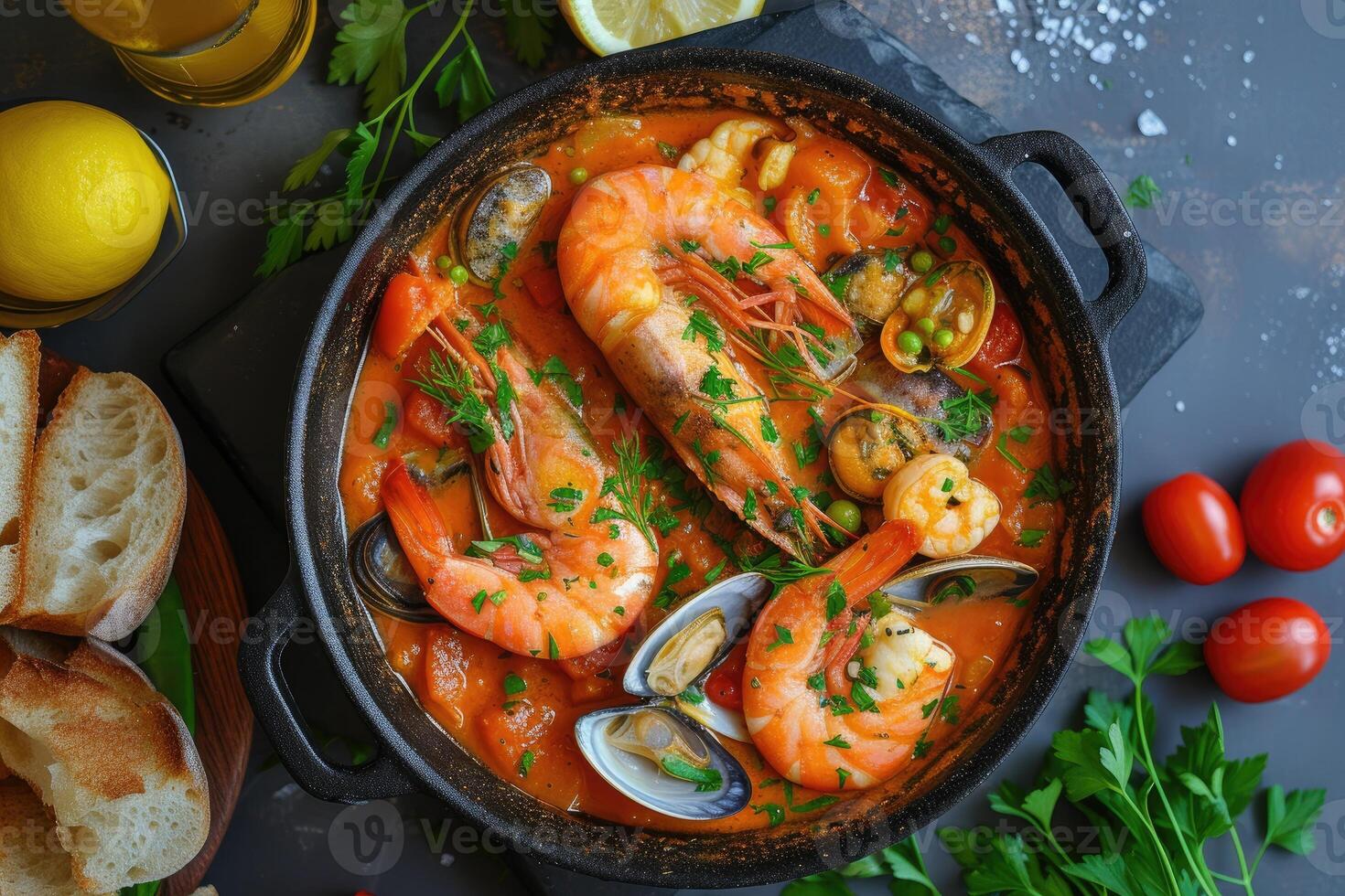 AI generated Seafood Medley, Bouillabaisse - A Tapestry of Oceanic Delights, flat lay view. generative ai photo