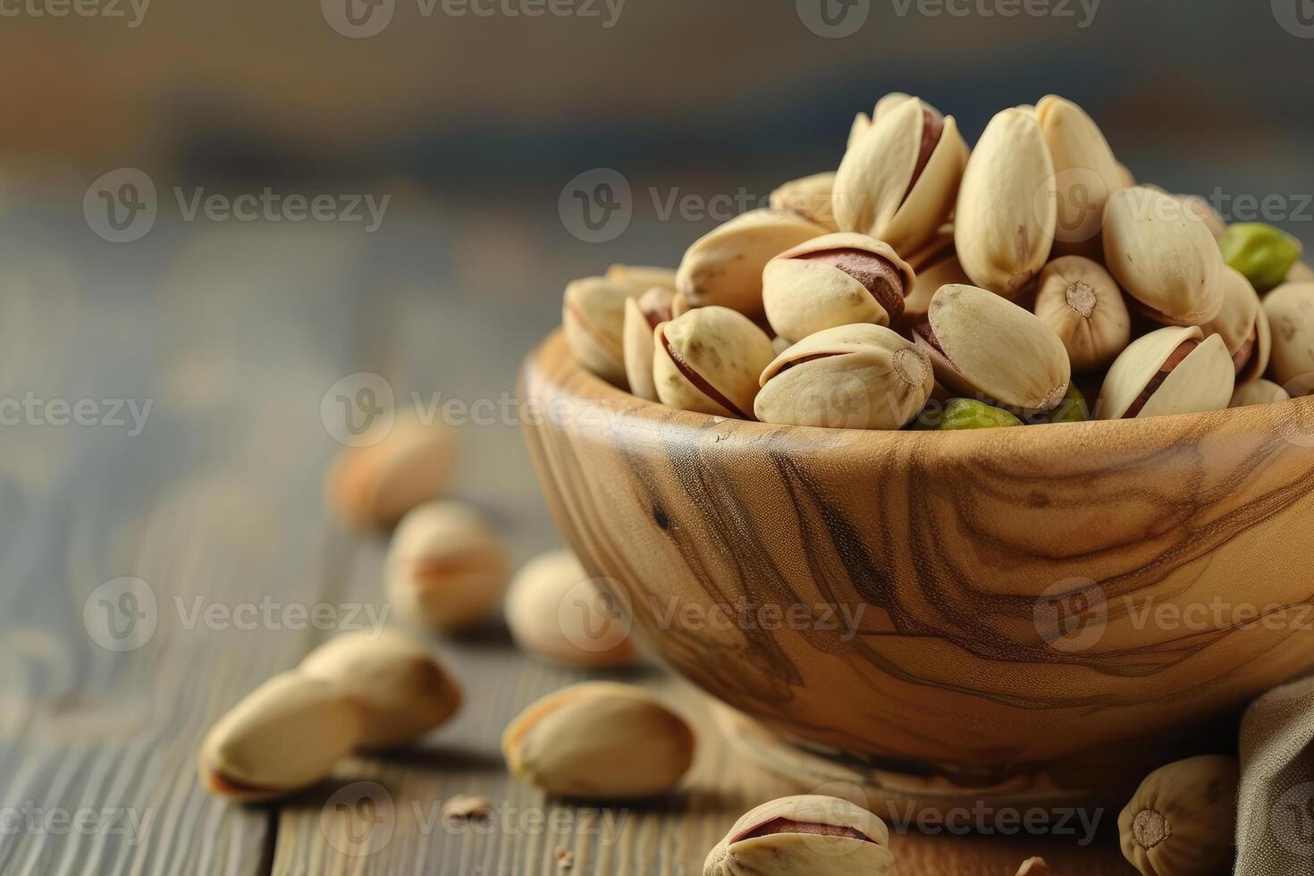 AI generated Crunchy Pleasures, Pistachios Nestled in a Wooden Bowl. generative ai photo