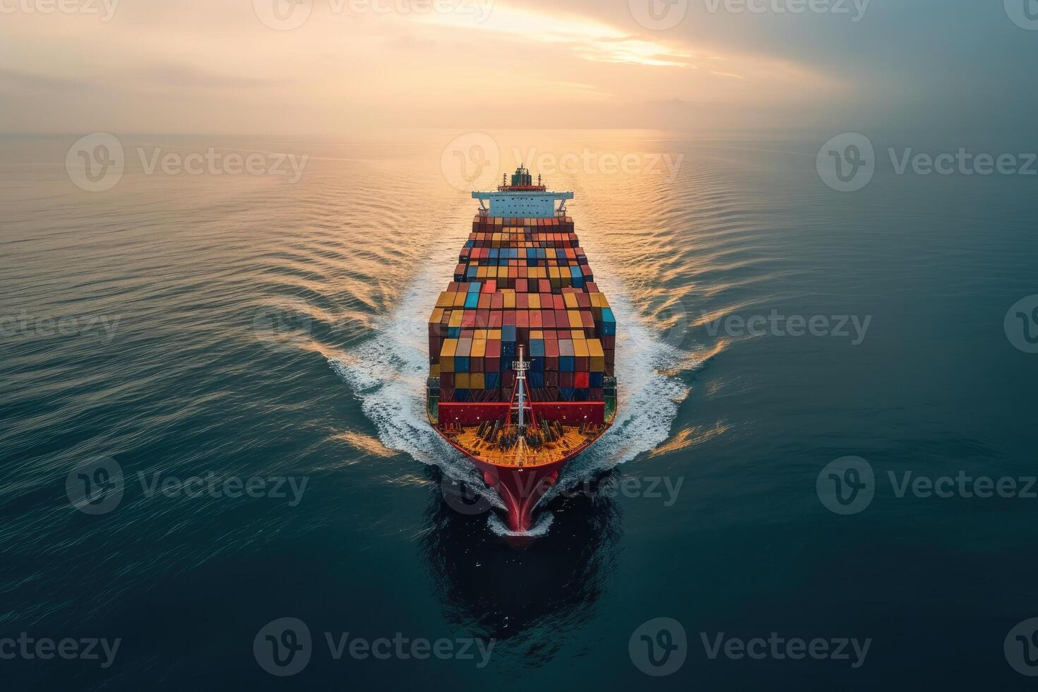 AI generated A loaded container cargo ship is seen ahead above the ocean. generative ai photo