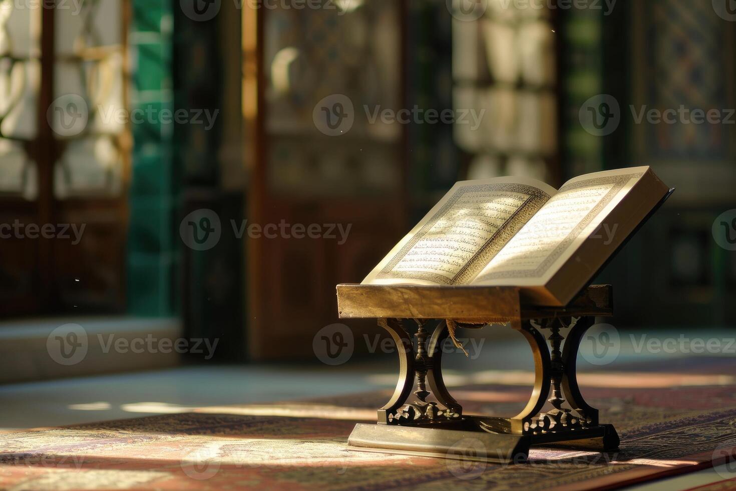 ai generado corán, santo libro de islam en mezquita. generativo ai foto