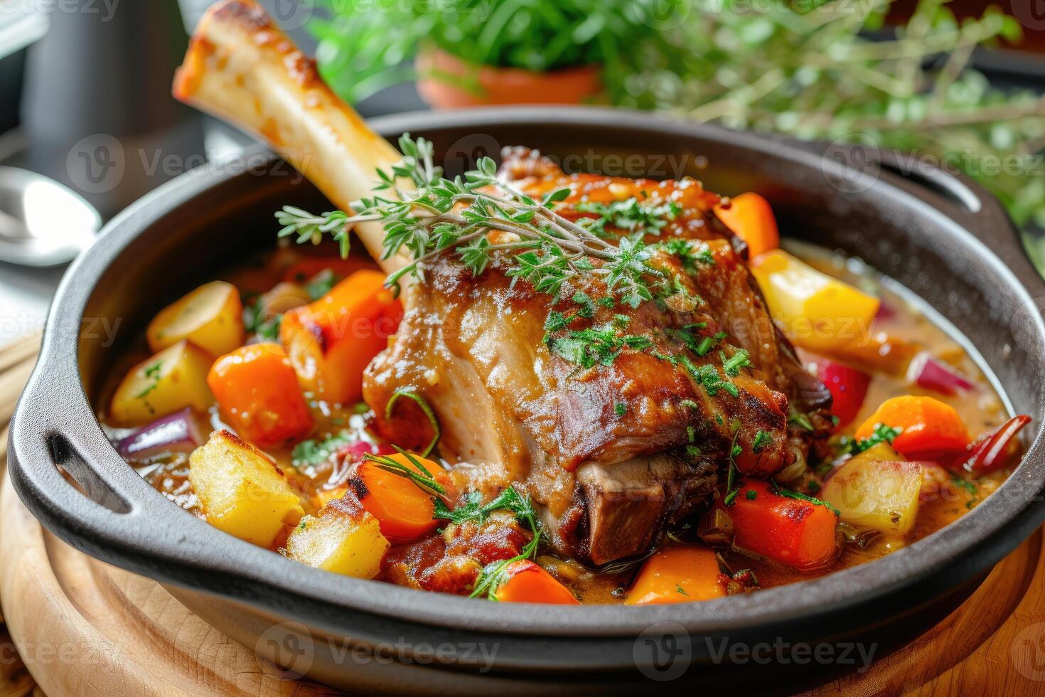 AI generated Braised lamb shank with herbs and vegetables. generative ai photo