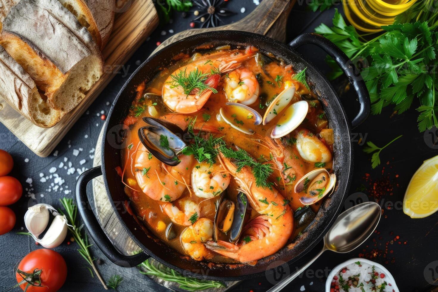 AI generated Seafood Medley, Bouillabaisse - A Tapestry of Oceanic Delights, flat lay view. generative ai photo