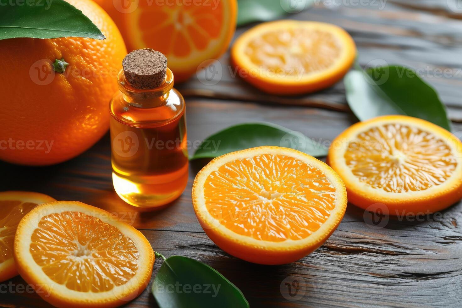 AI generated Orange essential oil with fresh sliced orange fruits. generative ai photo