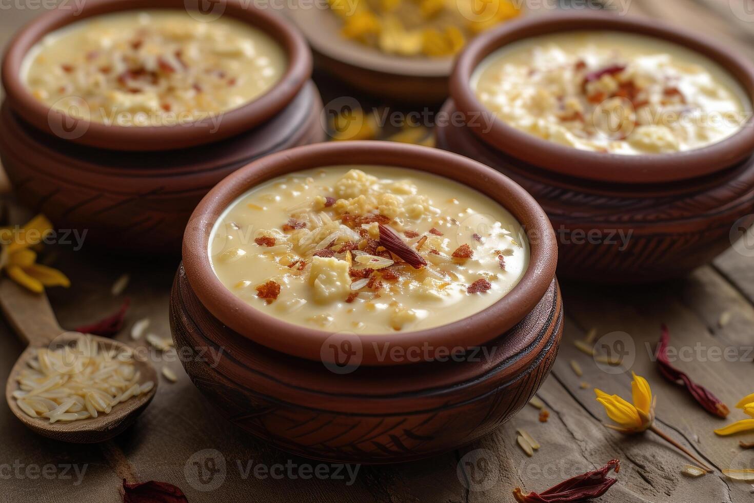 AI generated Kheer,payasam, A creamy and sweet rice pudding Indian dish, made by boiling milk, sugar or jaggery, and rice. generative ai photo