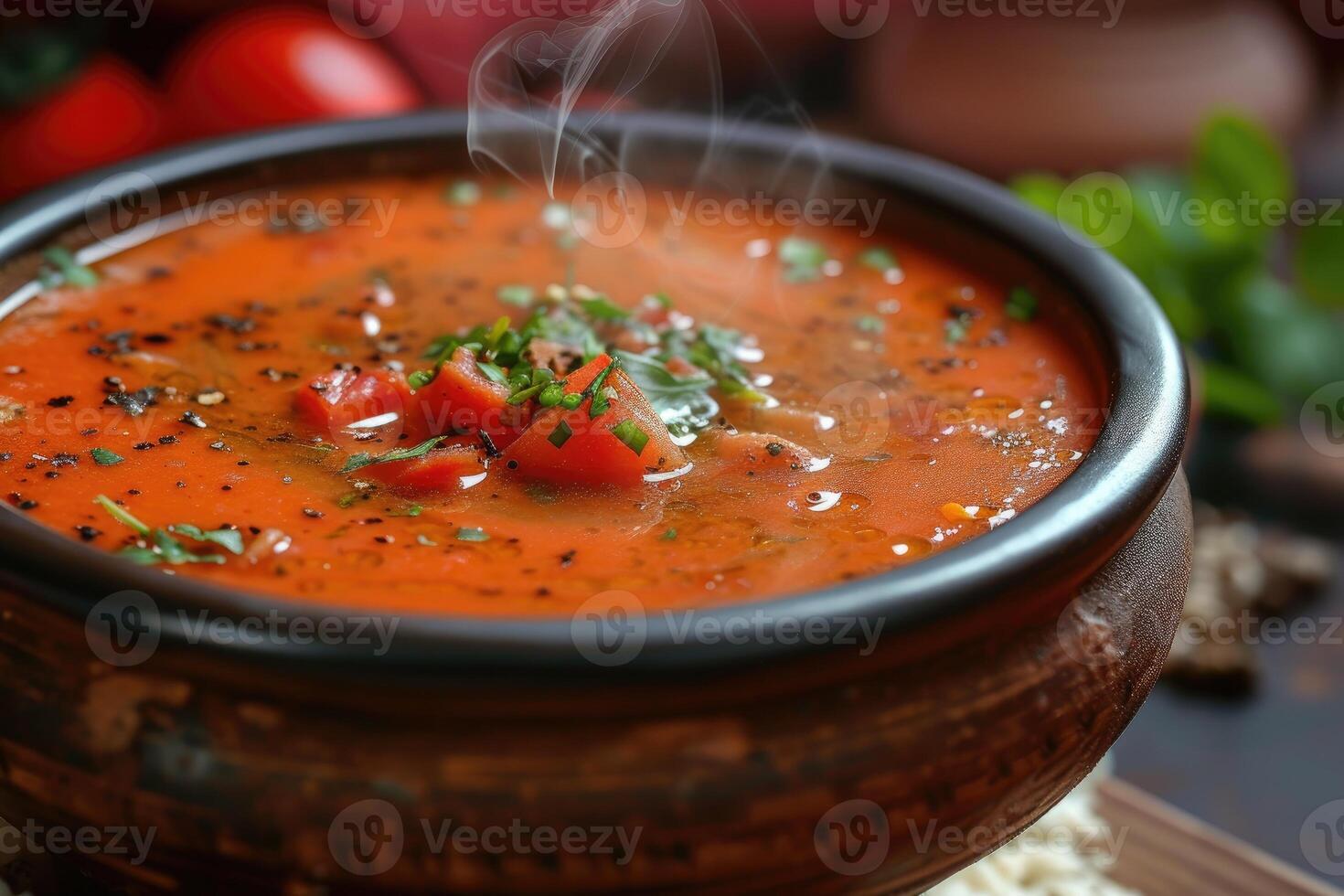 AI generated Tomato Shorba A steaming bowl of creamy tomato soup garnis. generative ai photo