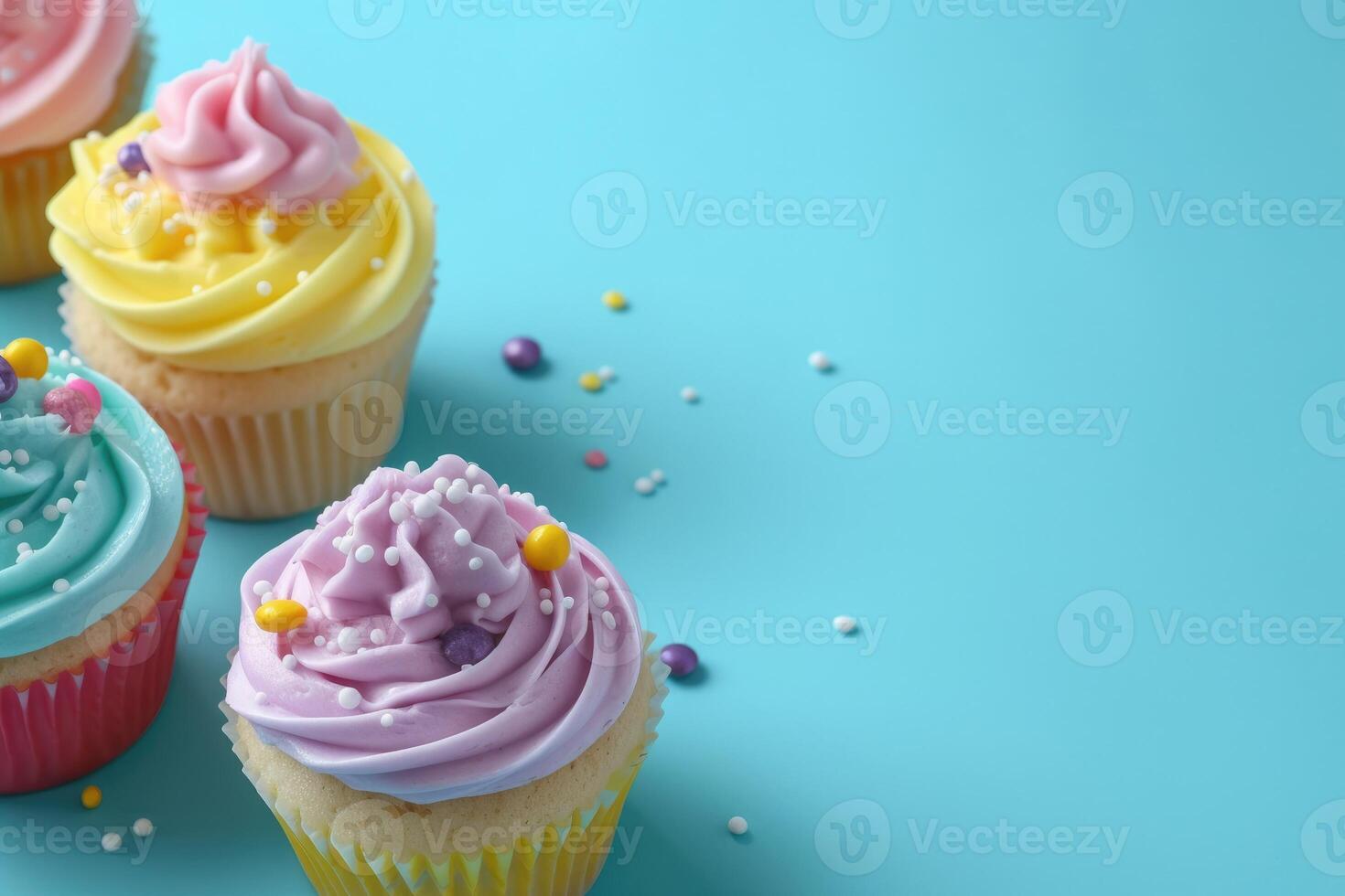 AI generated Colorful Cup Cakes Isolated on Pastel Blue Background, Copy Space Style, generative ai photo